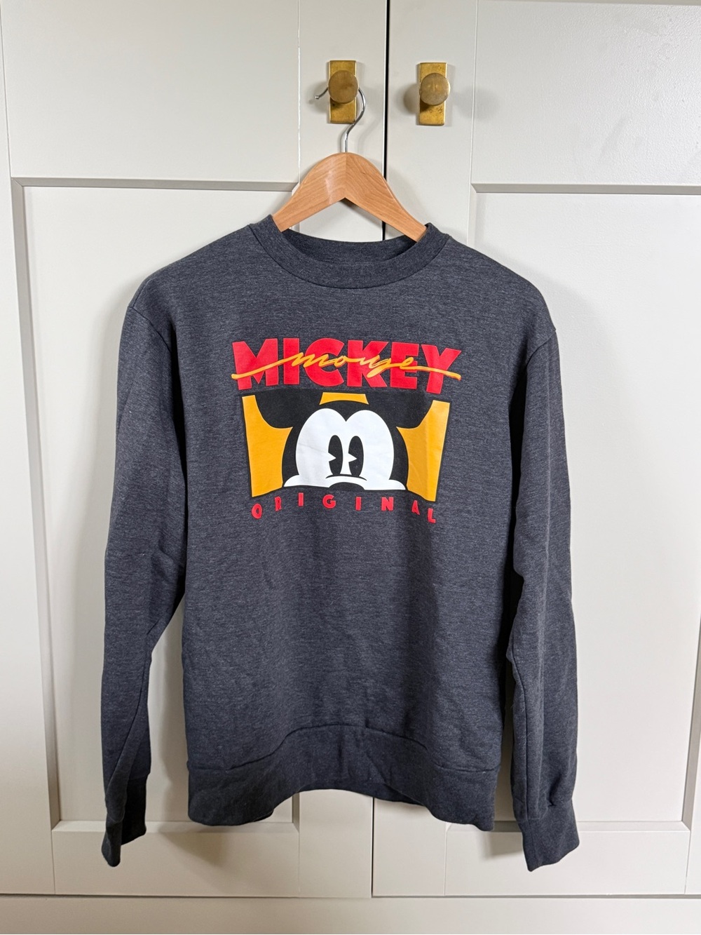 Disney Mickey Charcoal Crewneck Sweater with Red and Yellow Graphic